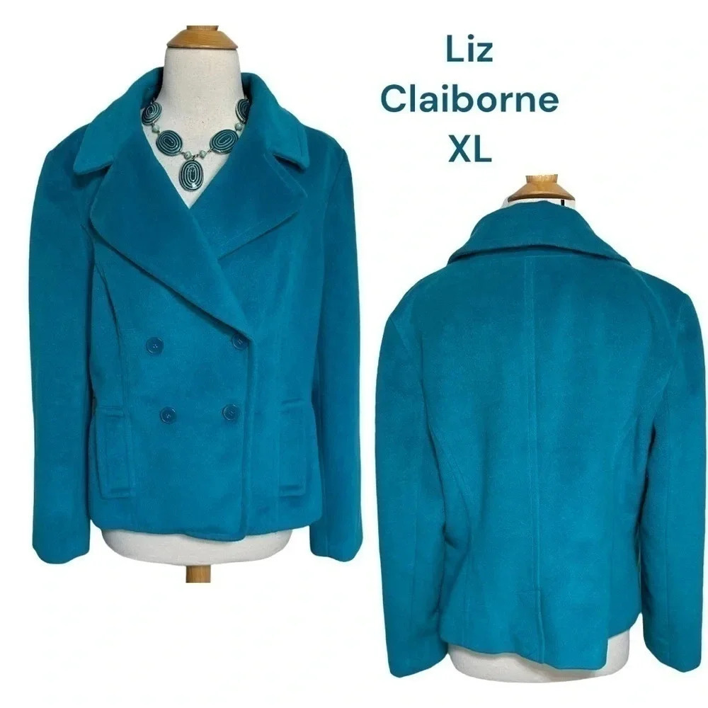 Liz Claiborne Teal Blue‎ Double Breasted Pea Coat Jacket Women's XL